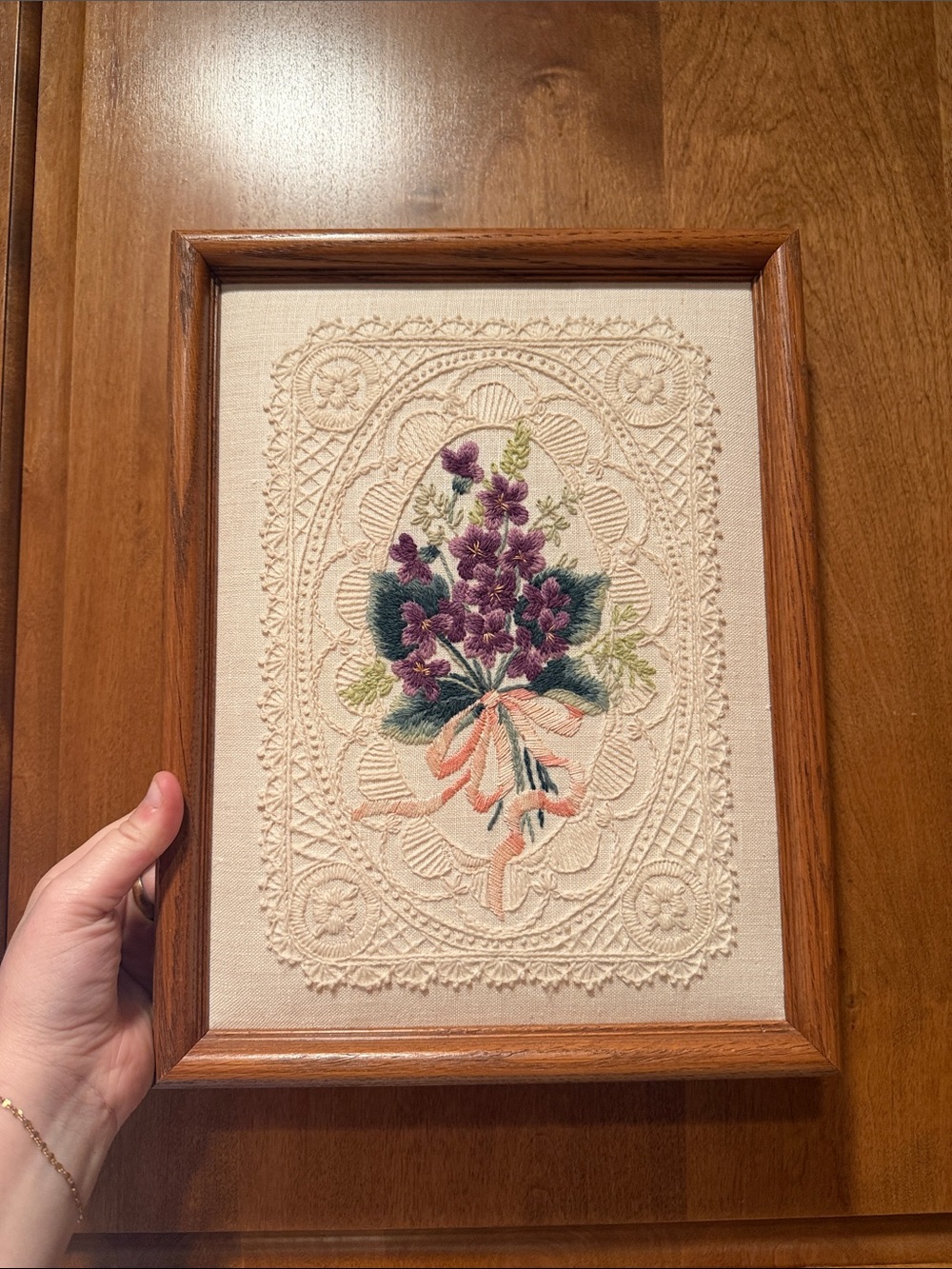 ELSA WILLIAMS Crewel VIOLETS ON ILLUSION LACE by Joan Marchie #00287 Framed